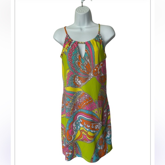 Trina Turk Butterfly Print Halter Dress Vivid Multicolor Excellent Size M - Picture 7 of 8